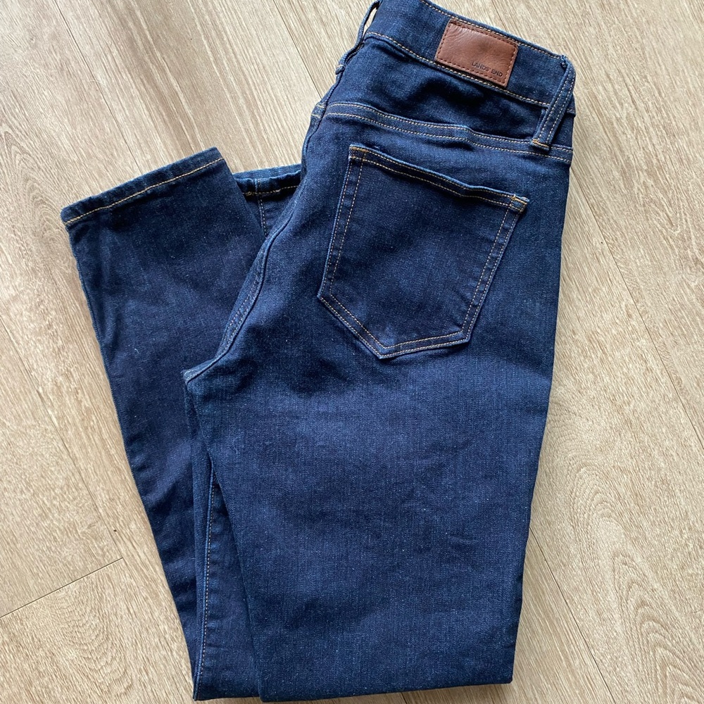 Lands' End Mid Rise Curvy Skinny Jeans Dark Blue Denim 8 Petite